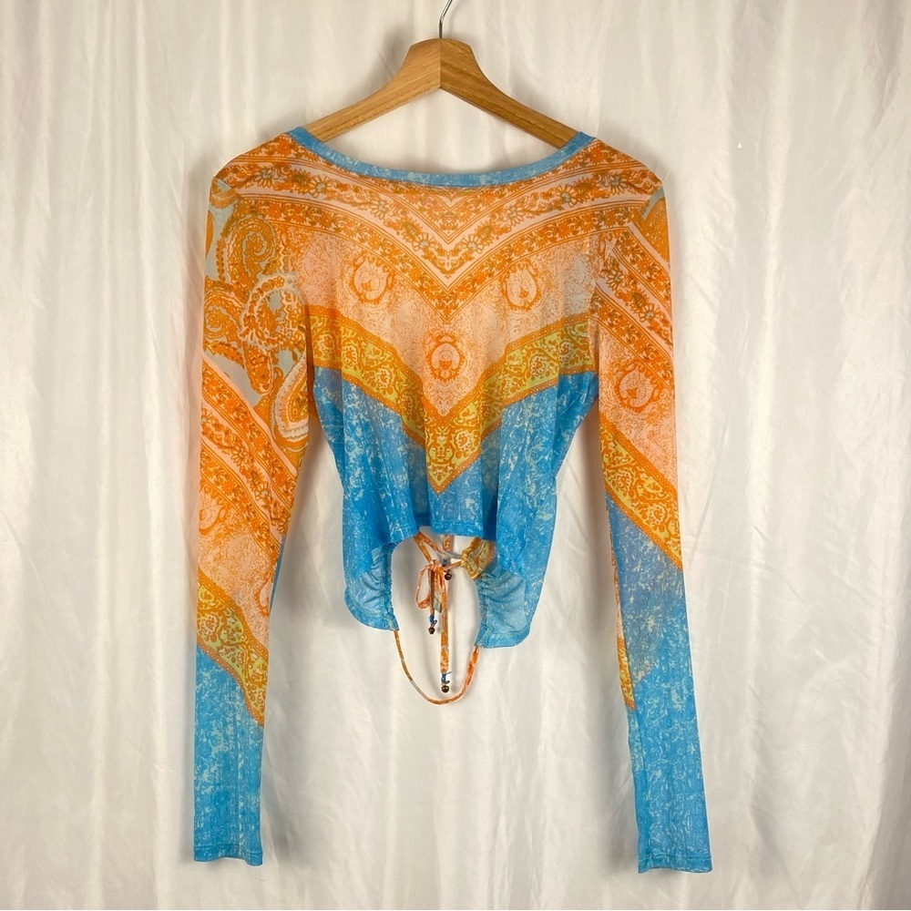 Free People Women's Paisley Boho Long Sleeve Mesh Cropped Open Back Top Size XS